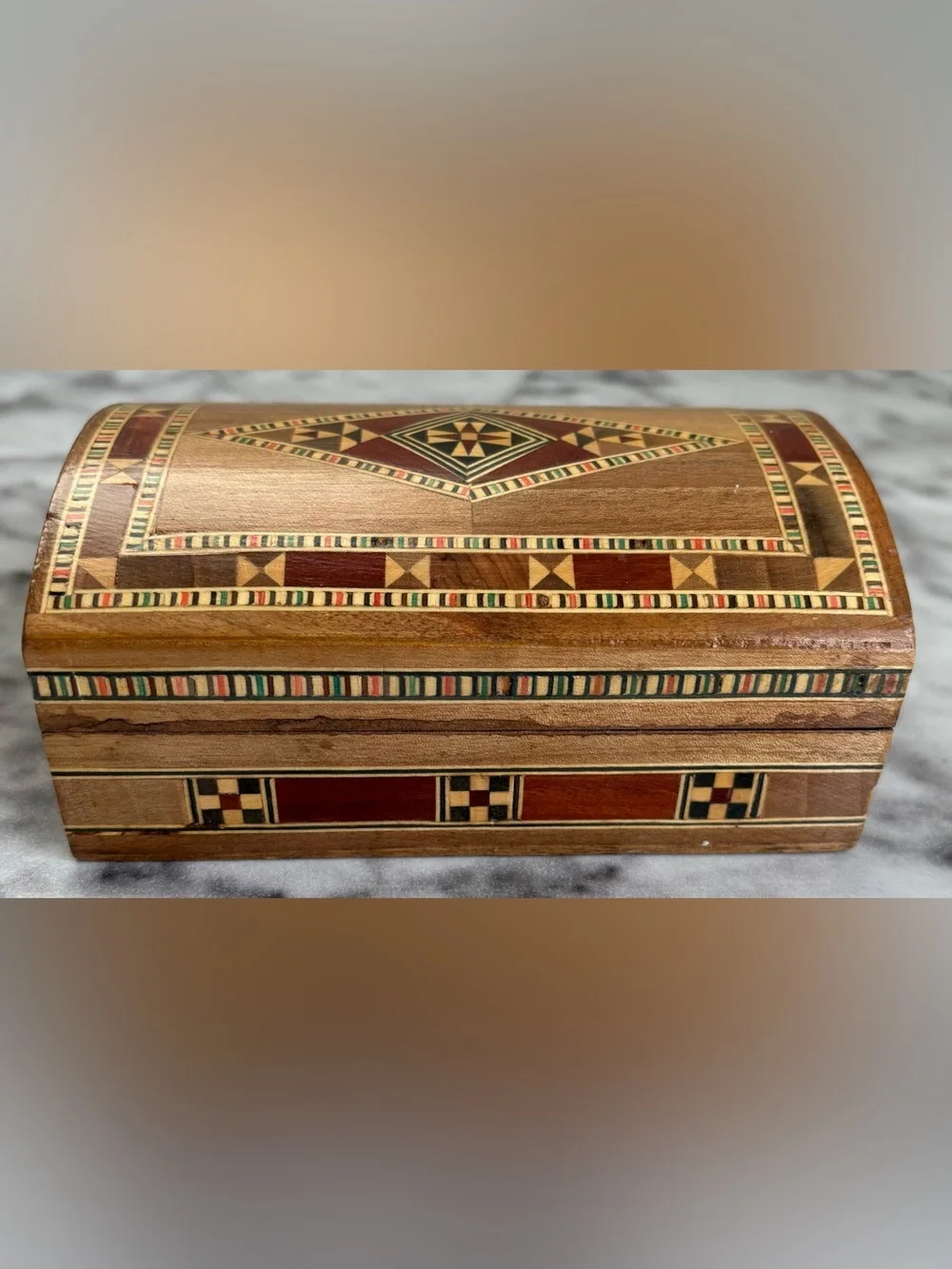 Vintage Geometric Mosaic Inlaid Wood Jewelry Box Red Velvet